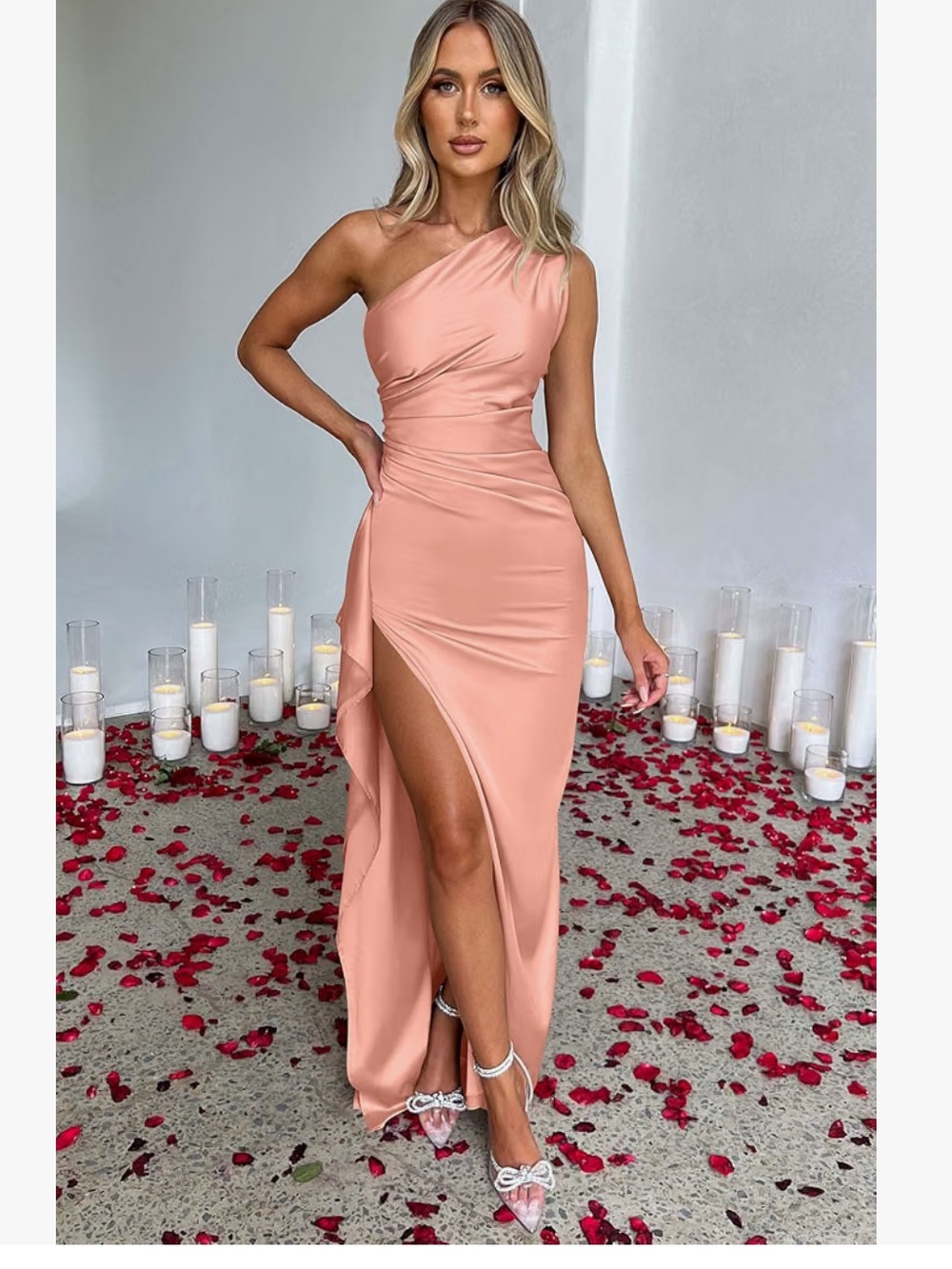 OYS Women'Small Sexy One Shoulder Satin High Split Formal Dress One Shoulder NWT